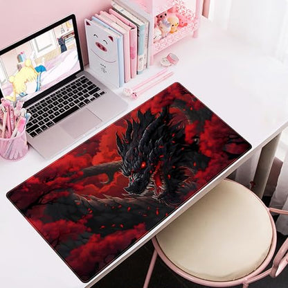 Huge Dragon Large Mouse Pad - Red and Black Mousepad, Big Full Keyboard and Mouse Pad with Stitched Edges, Anti-Slip, Funny Desk Pad, 31.5 X 15.8 in. - color: Red Black Dragon