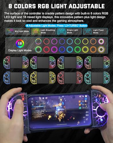 Joso Phone Controller for iPhone, Android, wireless Game Joystick with Hall Effect Joystick/Turbo, RGB Controller for iPhone 16/15/14/13/12 Series, Galaxy S24/23/S22/S21 Series Play COD Mobile & More - color: Black Crack