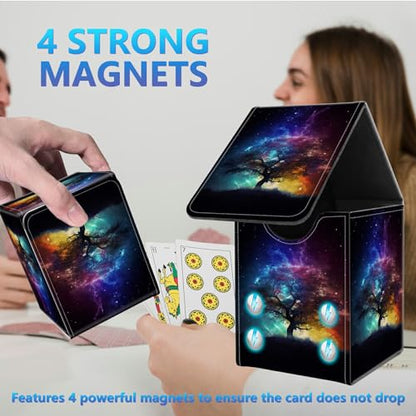 Card Deck Box for Trading Cards,MTG Commander Deck Box Fits 100+ Single Sleeved Cards,Leather Magnetic Card Storage Box for YuGiOh TCG CCG Cards,Galaxy Tree - color: Galaxy Tree