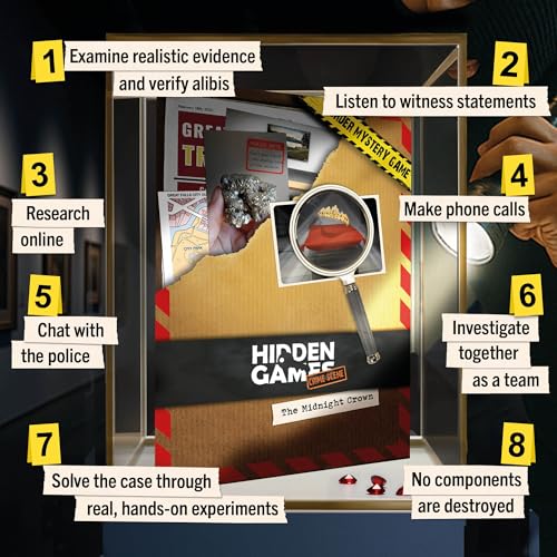 Hidden Games Crime Scene – The Midnight Crown – Murder Mystery Game | A mysterious museum heist. Real evidence, audio & online clues, detective work at home. 1-6 players, age 14+