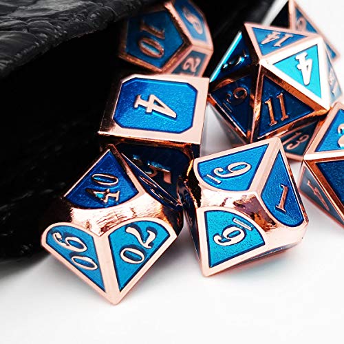 Haxtec Metal DND Dice Set Copper Blue Polyhedral Dice Compatible with Dungeons and Dragons TTRPG Metal Dice with Leather Dice Bag D&D Gifts for DND Lovers Players Masters - color: Copper Blue