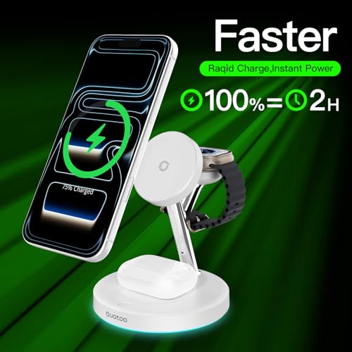 【Adjustable Blue Ambient Light】 Wireless Charger 3 in 1 for iPhone, Magnetic Charging Station for Apple Family,15W Fast MagSafe Charger Stand,for iPhone17-12-iWatch AirPods Series - color: White