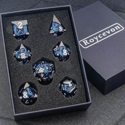 Roycevon Relief Dragon DND Dice Set for Role Playing Game, 7Pcs Metal D&D Dice Set Dungeons Dragons with Gift Box, Polyhedral D and D Dice D20 D12 D10 D8 D6 D4, Blue and White - color: Blue and White