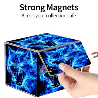 PU Leather Deck Box for MTG Commander Cards, Fits 100+ Double Sleeved Cards, Secure Magnetic Trading Card Storage Case for TCG CCG,Blue Flaming Wolf Spirit - color: Blue Flaming Wolf Spirit