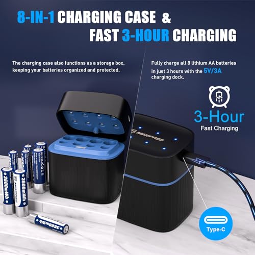 Maxfree Rechargeable 4 AAA and 4 AA Batteries Lithium with Charger, 8-Pack | 1.5V Long Lasting Triple A Double A Batteries with LED Display – Fast Charging for Blink Outdoor Cameras, Toys & Remotes - size: 3600mWh 4AA + 1300mWh 4AAA