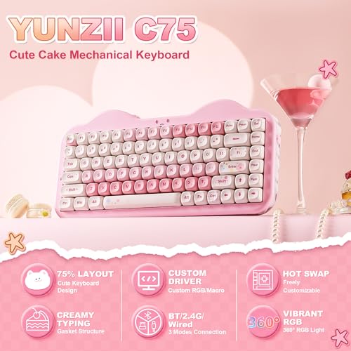 YUNZII C75 Wireless Mechanical Keyboard,75% Layout, Hot-Swappable NKRO,BT5.0/2.4G/USB-C Mode,Dye-Sub PBT MOA Keycaps,RGB Gasket Mount,Cute Cake Design for Mac/Win/Gaming (Pink, Candy Switch) - color: Pink, size: Candy Switch