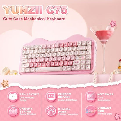 YUNZII C75 Wireless Mechanical Keyboard,75% Layout, Hot-Swappable NKRO,BT5.0/2.4G/USB-C Mode,Dye-Sub PBT MOA Keycaps,RGB Gasket Mount,Cute Cake Design for Mac/Win/Gaming (Pink, Candy Switch) - color: Pink, size: Candy Switch