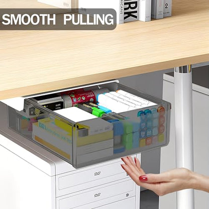 SVNNELP Under Desk Table Drawer Storage Organizer Slide Out, Attachable Hidden Self-Adhesive Under Desk Pencil Tray Drawer for Office/Classroom/Home (Clear Black/M) - size: M