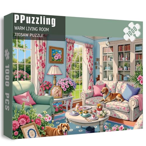 Living Room Puzzle 1000 Pieces for Adults, Flower Dog Jigsaw Puzzle, Challenging Floral Room Puzzle as Wall Decor