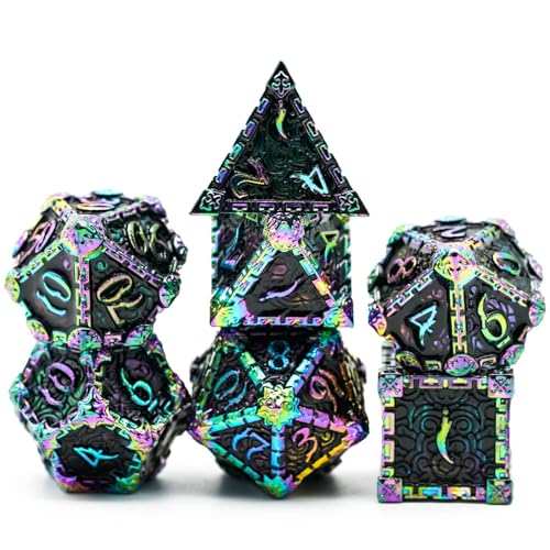 Cusdie 7 Pcs Metal DND Dice with Metal Box, Dagger Design Polyhedral Dice Set, for Role Playing Game D&D Dice (Colorful Black) - color: Colorful Black