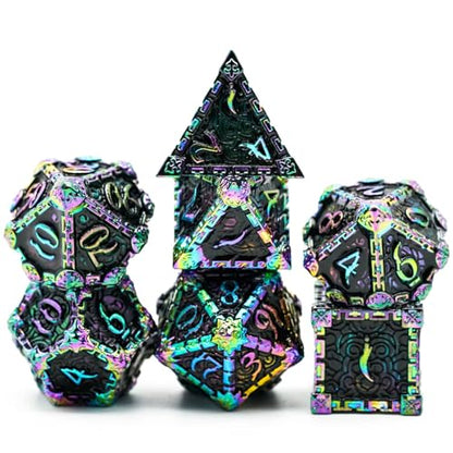 Cusdie 7 Pcs Metal DND Dice with Metal Box, Dagger Design Polyhedral Dice Set, for Role Playing Game D&D Dice (Colorful Black) - color: Colorful Black