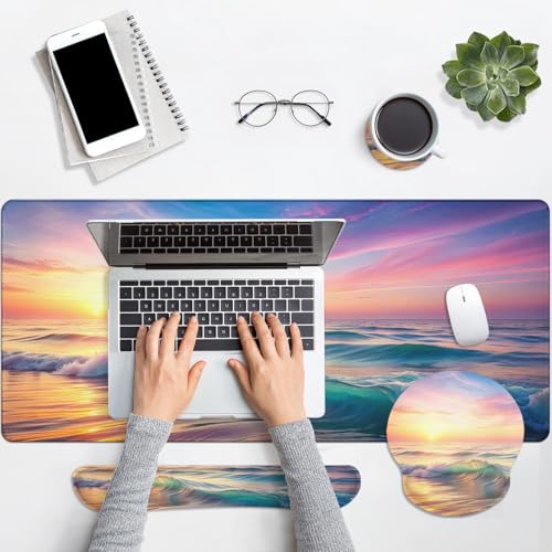 Britimes Sunset Beach Keyboard Mouse Pad Set 4in1 Large Mousepad+Keyboard Wrist Rest+Mouse Wrist Rest+Coaster Set with Ergonomic Design for Home Office Computer 35.4x15.7 inches - color: Sunset Beach