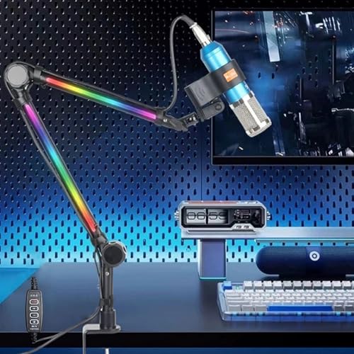 RGB Microphone Arm Stand, Metal Adjustable Desktop with 22 Color Modes and Large Damping Knob, for Gaming Streaming Podcasting