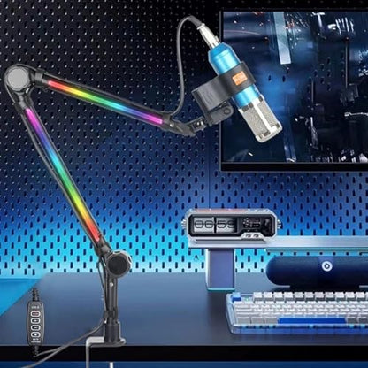RGB Microphone Arm Stand, Metal Adjustable Desktop with Large Damping Knob and 22 Color Modes, for Gaming Streaming Podcasting