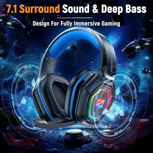 Ozeino 2.4GHz Gaming Headset Wireless with Flip Mic for Ps5, Ps4, PC, Gaming Headphones with RGB Light, 40Hr Battery Bluetooth Headset for Laptop, Mobile, Mac - color: Blue