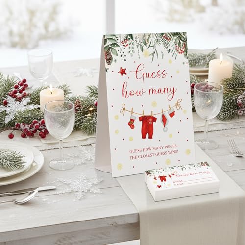 Christmas Guess How Many Baby Shower Game Pack of 1 Tabletop Sign with Stand and 50 How Many Cards, Christmas Gender Reveal Party Game Decorations(Santa) - style: Santa