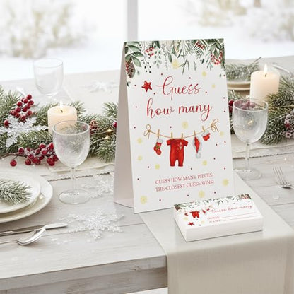 Christmas Guess How Many Baby Shower Game Pack of 1 Tabletop Sign with Stand and 50 How Many Cards, Christmas Gender Reveal Party Game Decorations(Santa) - style: Santa