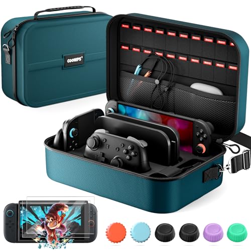 COOWPS Switch 2 Case Bundle for Nintendo Switch 2, with 2-Pack Screen Protector, 6Pcs Thumb Grips, 20 Game Card Slots, Portable Travel Full Protection All In One Storage Case for Switch 2 Accessories - color: Dark Cyan