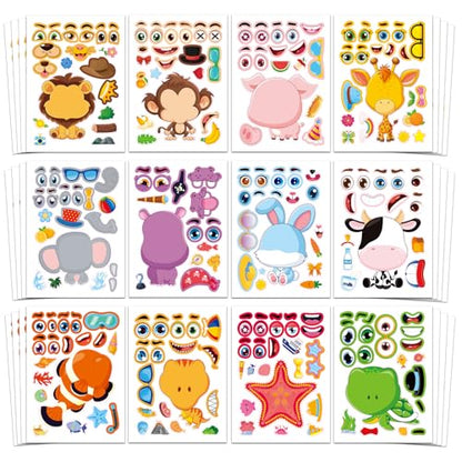 48 Animal Make-a-Face Sticker Sheets for Kids | 12 Designs, Mix 'n Match Crafts, Party Favors & Goodie Bag Stuffers - style: Cute Animals