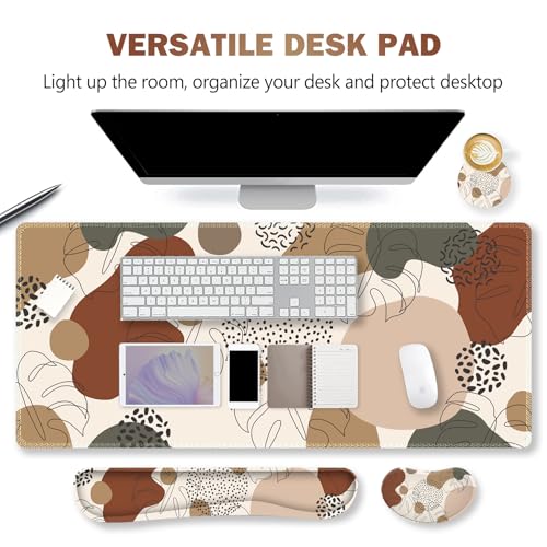 ARTSO Desk Pad and Keyboard Wrist Rest, Large Gaming Mouse Pad+Keyboard Wrist Pad+Mouse Wrist Support, 4 in 1 Desk Mat Protector for Office, Home (Abstract Leaf) - color: Brown Abstract Leaf
