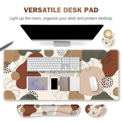 ARTSO Desk Pad and Keyboard Wrist Rest, Large Gaming Mouse Pad+Keyboard Wrist Pad+Mouse Wrist Support, 4 in 1 Desk Mat Protector for Office, Home (Abstract Leaf) - color: Brown Abstract Leaf