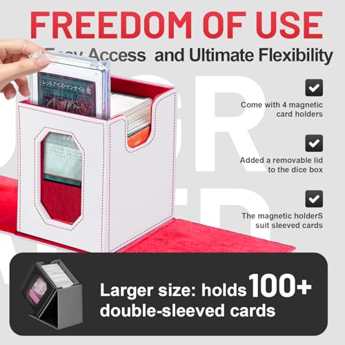 Trading Card Storage Box with Commander Display for MTG, TCG, Sports Cards, 5-in-1 Card Deck Box, Holds 450+ Double-Sleeved Cards, 4 Individual Deck Cases with Covers, Dice Tray & Magnetic Holders - color: White & Red