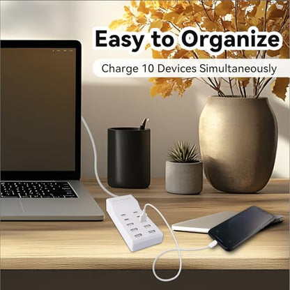 USB Power Strip Charging Station, 10-Port 6A+4C Multi Charger Block | 50W 10A Total Output, Auto-Detect Tech, Compatible with iPhone, Samsung, iPad Multi Device Home Office Travel Use