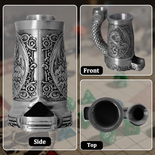 Dice Tower Mug, Dice Rolling Tower, Comes with 7 PCS Dice Set, Suitable for DND Dungeons and Dragons, Tabletop Games, Available As Drink Holder, D&D Gifts, DND Accessories (Silver-Dragon) - color: Silver-dragon