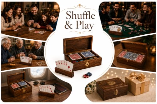 Unique Birthday Gift Ideas Handcrafted Classic Wooden Playing Card Holder Deck Box Storage Case Organizer With Premium Quality 'Ace' Playing Cards Anniversary Housewarming Gifts Men Women