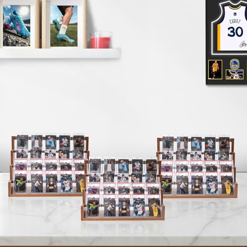 Donmills 4 Tier Card Display Stand, Wooden Trading Card Display Stand Tabletop, Graded Baseball Sports Card Display Shelf for Basketball Football Cards Game Collection, Show & Vendor, Brown - color: Brown-tabletop