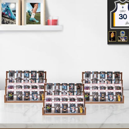 Donmills 4 Tier Card Display Stand, Wooden Trading Card Display Stand Tabletop, Graded Baseball Sports Card Display Shelf for Basketball Football Cards Game Collection, Show & Vendor, Brown - color: Brown-tabletop