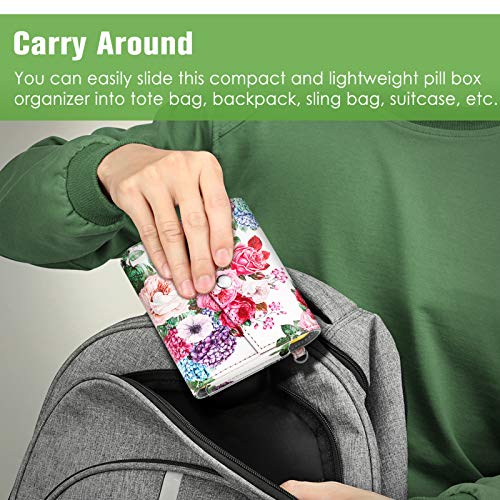 FINPAC Weekly Pill Organizers 4 Times A Day, Slide Open PU Leather Case Travel Pill Vitamin Medicine Reminder and Planner with Name Card for Morning| Afternoon| Evening| Bedtime (Flower Festival) - color: Flower Festival