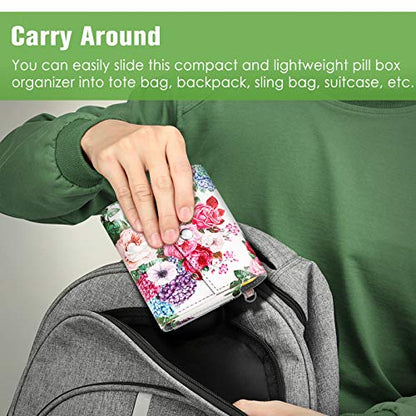 FINPAC Weekly Pill Organizers 4 Times A Day, Slide Open PU Leather Case Travel Pill Vitamin Medicine Reminder and Planner with Name Card for Morning| Afternoon| Evening| Bedtime (Flower Festival) - color: Flower Festival
