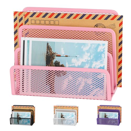 EASEPRES Desk Mail Organizer, Office Small Desktop Metal Mesh Envelope Letter Sorter Paper File Holder Organizer with 3 Vertical Upright Compartments, Pink 1 Pack - color: Pink, size: 1 Pack