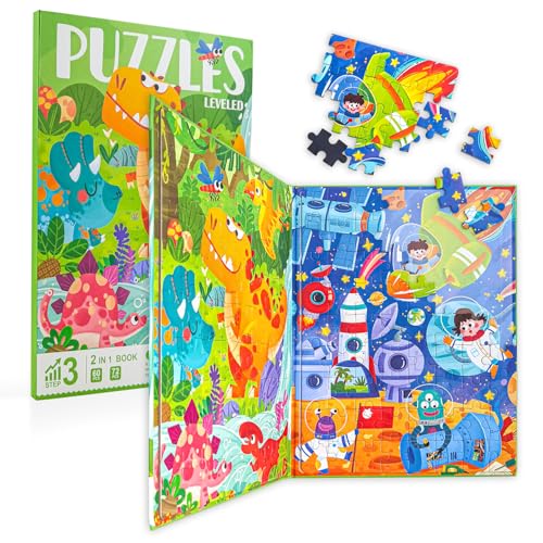 D-KINGCHY Magnetic Puzzles for Kids Ages 5+, 2-in-1 Puzzle Book 60 72 Pieces, Travel Jigsaw Puzzles, Road Trips Toys for 5 6 7 8 Boys Girls Birthday Gift (Dinosaur and Space) - style: Dinosaur and Space