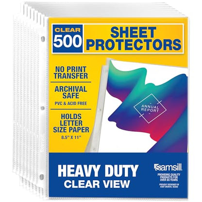 Samsill 500 Pack Heavy Duty Sheet Protectors, Crystal Clear, 8.5x11 Inch Page Protectors for 3 Ring Binder, Letter Size Protectors, Reinforced Holes, Clear Document Sleeve, Top Loading, Acid Free - size: 500 Pack, style: Crystal Clear