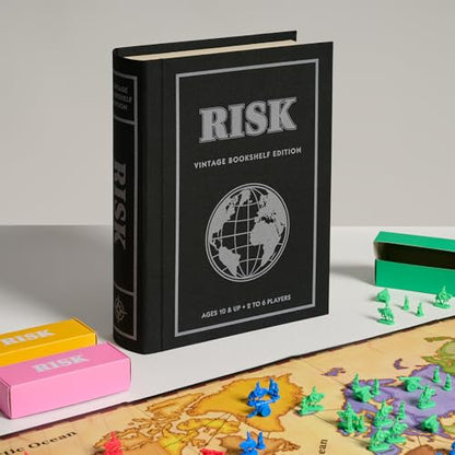 WS Game Company Risk Vintage Bookshelf Edition, Linen Wrapped Book Box & Slipcase - Secret Mission Variant & 6 Armies - Strategy Board Games for Adults & Kids, Ages 10+