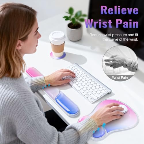 Ospelelf Mouse Pad with Wrist Rest Set Gel Ergonomic Keyboard Wrist Support Anti-Slip Rubber Bottom Office Women Desk Accessories for Computer, Laptop and Gaming, Pink and Blue - color: Pink and Blue, style: Keyboard Rest + Mouse Rest + Coaster