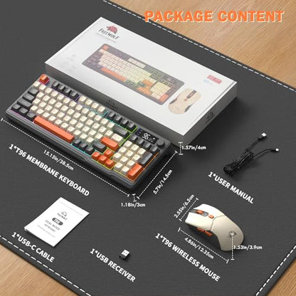 FREEWOLF T96 Smart Display Wireless Gaming Keyboard and Mouse Comb, 94Key LED Lighting Rechargeable Silent Membrane Keyboard with Knobs, 2000mAh Battery, 6-Button 4KDPI Mouse for Win/Mac(Glimmer) - color: Glimmer