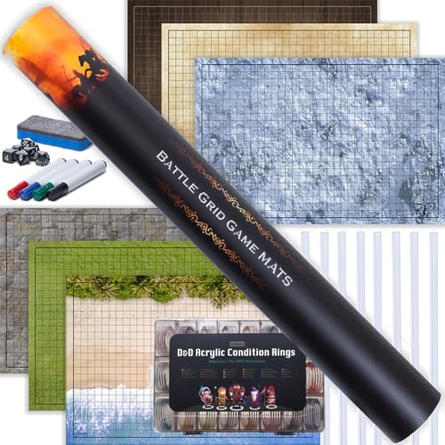 TIDYBOSS DND Ultimate Player Set -3X Double Sided Battle Board 24x36-6 Terrains, Dry Erase Markers, Eraser, Dice and 8 Clips with 96 Condition Rings -RPG Battle Terrain Dungeons and Dragons Set