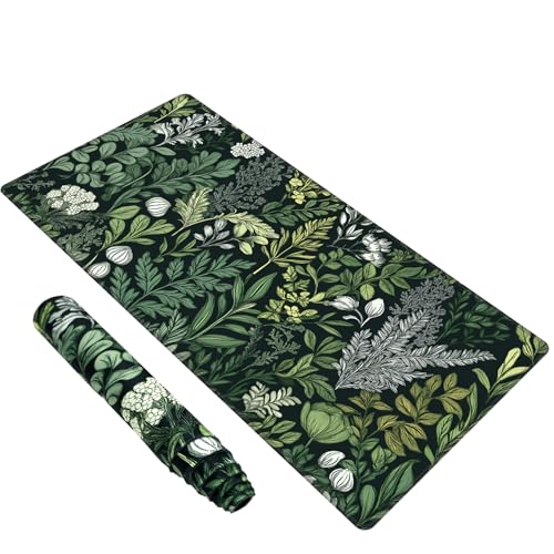 Baziabbo Green Desk Mat,XXL Extended Big Mouse Pad,Gaming Mousepad with Stitched Edge,Non-Slip Rubber Base Keyboard Desk Pad for Home Office Study Game - color: Ferns Flowers