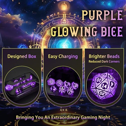 LED DND Dice Set, Light up Dice Rechargeable for RPG DM Gifts, Purple | ZHOORQI D and D Polyhedral Dice with Charging Box, Glow in The Dark Dice Easy Reading for Dungeons and Dragons TTRPG - color: Purple-shackles