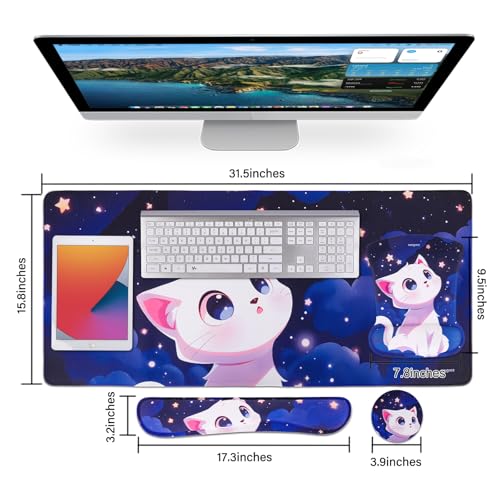 MEGREZ 4-in-1 Mouse Pad with Wrist Rest Ergonomic Memory Foam Desk Mat Set | ergonomic, anti-slip base, 4pcs set, desk pad, mouse wrist rest, keyboard rest, coaster, ideal for office & gaming - color: Blue Purple