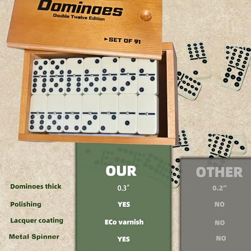 Doublefan Double 12 Dominoes for Adults, 91 Tiles with Prime Wood Case | For 2-8 players,91 Ivory Domino tiles, Metal spinners, portable wood case, family game, board game, Parent Gift choice - style: Double Twelve
