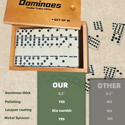 Doublefan Double 12 Dominoes for Adults, 91 Tiles with Prime Wood Case | For 2-8 players,91 Ivory Domino tiles, Metal spinners, portable wood case, family game, board game, Parent Gift choice - style: Double Twelve