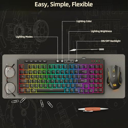 Redragon K517 Pro Wireless Gaming Keyboard, RGB Backlit, Tri-Mode BT/2.4GHz/USB-C, Mechanical Feel 94 Keys Computer Keyboard with 4 Macro Keys, Number Pad, 4000mAh Battery for Win/MAC - color: Black-W