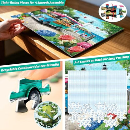 300 Pieces Puzzles for Adults,Large Pieces Beach Puzzle for Kids Teens Seniors,Funny Coastal Lighthouse Food Truck Jigsaw Puzzle for Kids Ages 8-10 10-12,Summer Seaside Puzzles Family Game Nights - style: Beach