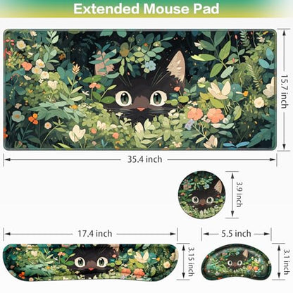 Mouse Pad Anime Mouse Pad with Wrist Rest | 4-in-1 XXL Large Desk Mat Kawaii Mousepad with Gel Wrist Support Keyboard Wrists Rest Coaster, Ergonomic Gaming Cat Desk Pad - color: Curious Cat