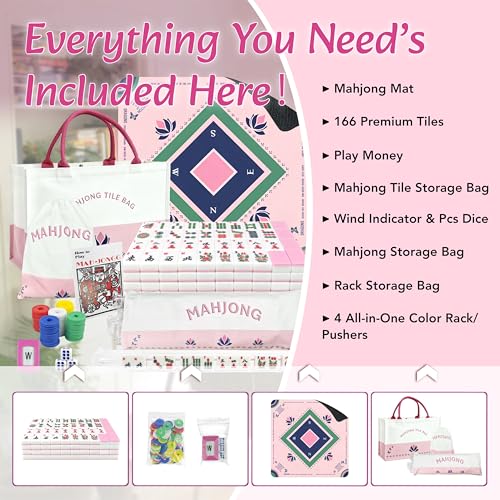 American Mahjong Game Set Complete with 166 Pink Tiles, Noise Reducing Mat, 4 All-in-One Rack/Pushers, Pink Bag & Accessories - Suitable for Adults and Beginners