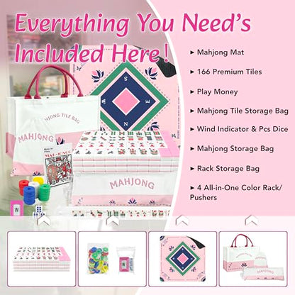 American Mahjong Game Set Complete with 166 Pink Tiles, Noise Reducing Mat, 4 All-in-One Rack/Pushers, Pink Bag & Accessories - Suitable for Adults and Beginners